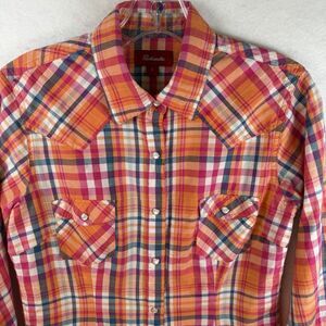 Panhandle Womens Red Orange Blue Plaid Pearl Snap Long Sleeve Preppy Texas Sz S